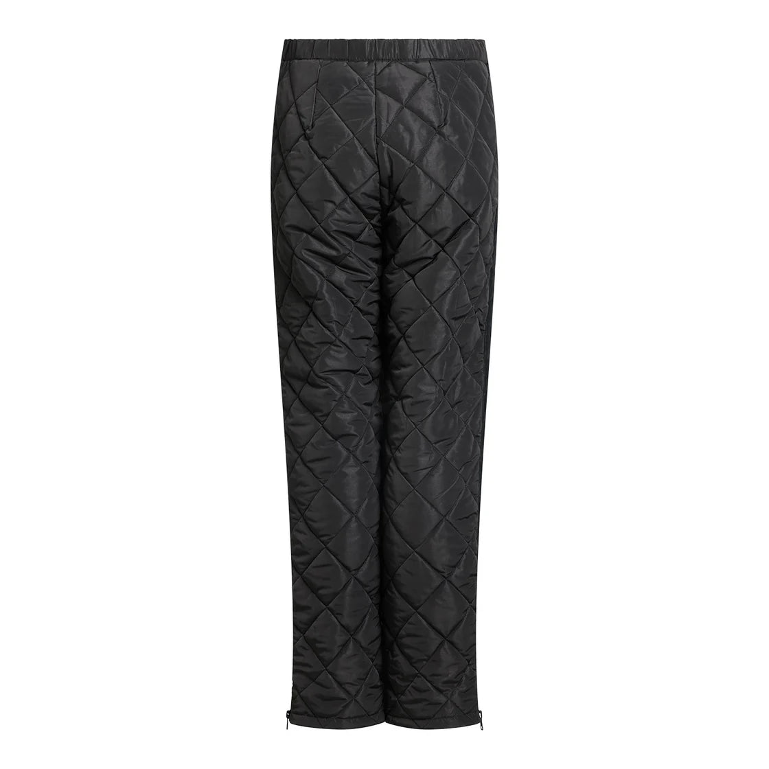 Schwarze Stepphose, von hinten gesehen, mit geradem Bein, elastischem Bund und sichtbaren Nähten im Rautenmuster auf dem Stoff.