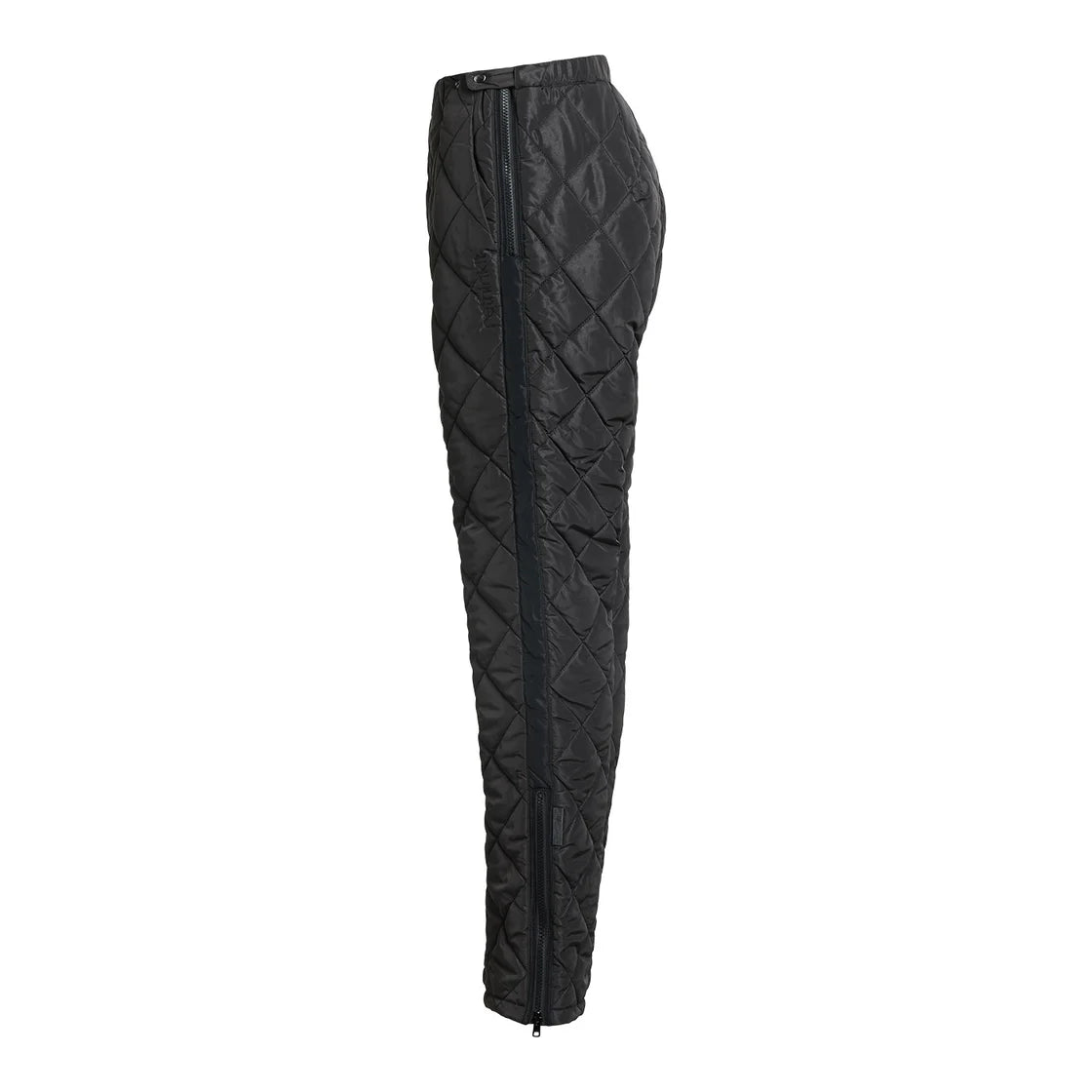 Seitenansicht einer schwarzen Stepphose mit einem Rautenmuster und einem durchgehenden Reißverschluss an der Außenseite des Beins. Die Hose scheint isoliert zu sein und ist vor einem weißen Hintergrund abgebildet.