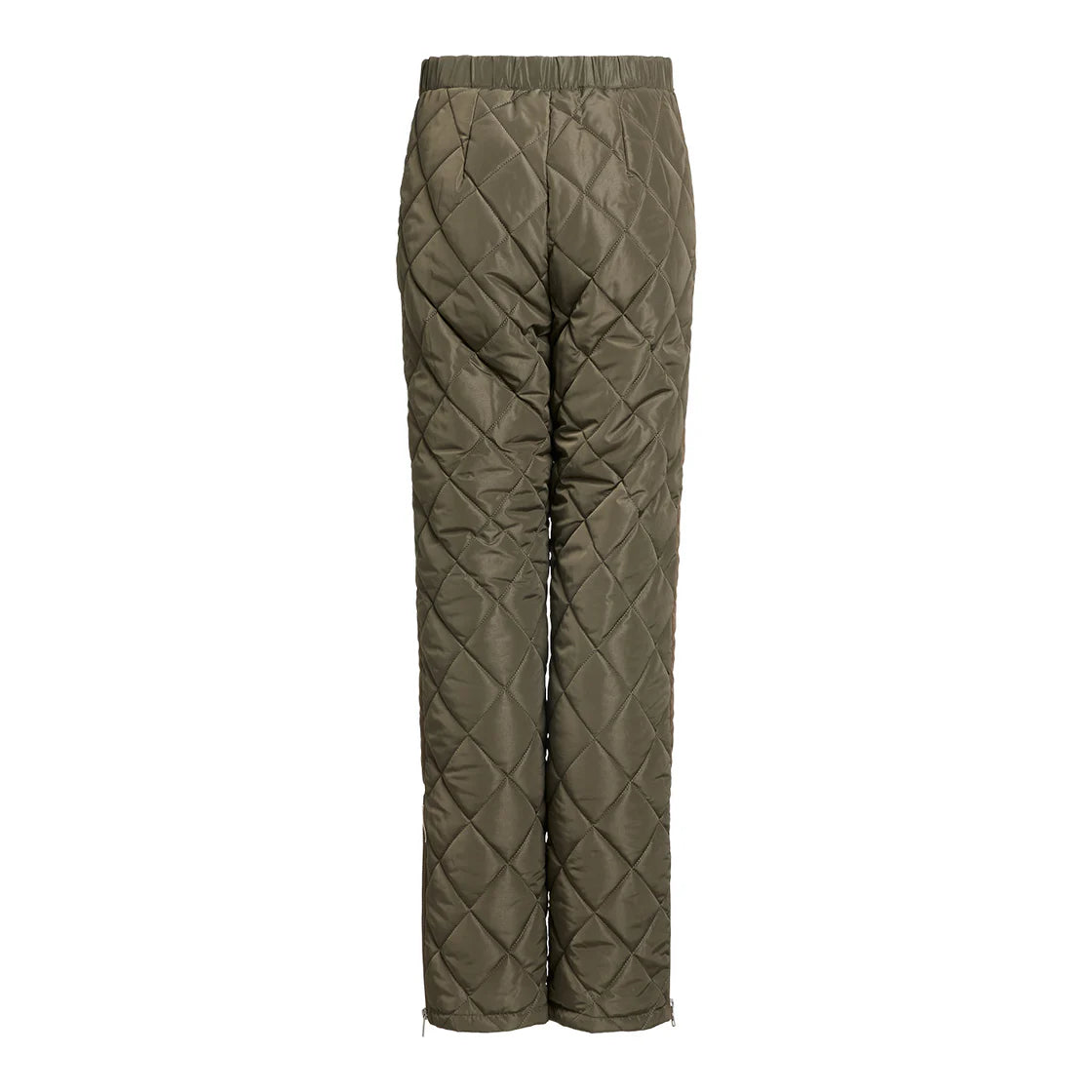 Olivgrüne, gesteppte Hose mit Rautenmuster, elastischem Bund und geradem Bein. Die Hose ist von hinten vor einem weißen Hintergrund abgebildet.