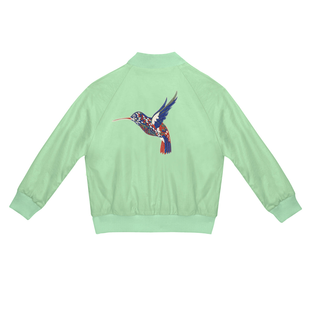 Hellgrüne Bomberjacke mit einer farbenfrohen, stilisierten Kolibri-Darstellung auf dem Rücken, die blaue, rote und weiße Muster aufweist. Die Jacke ist auf einem schlichten weißen Hintergrund abgebildet.