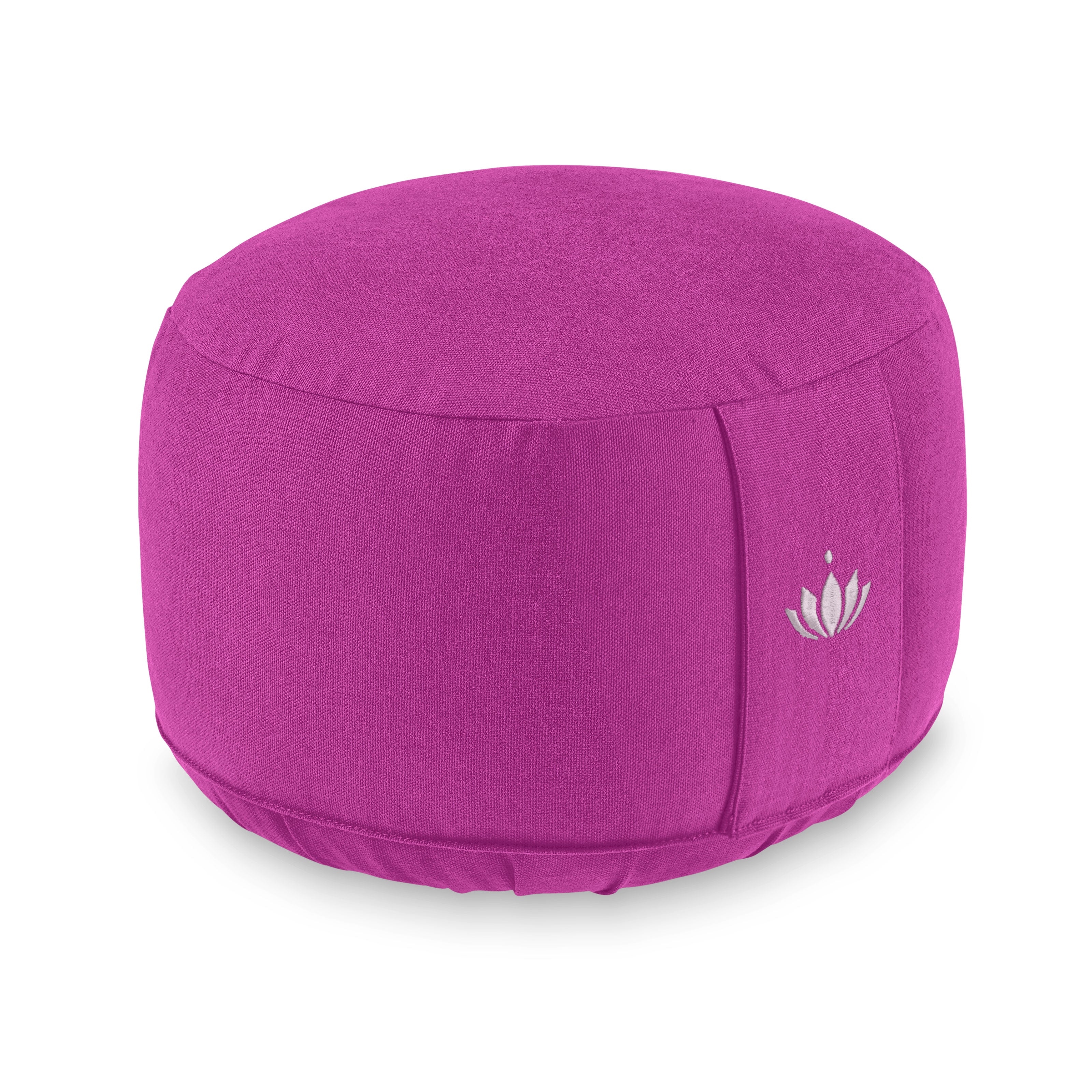 Rundes, pinkfarbenes Meditationskissen mit einem Lotusblumen-Logo an der Seite.