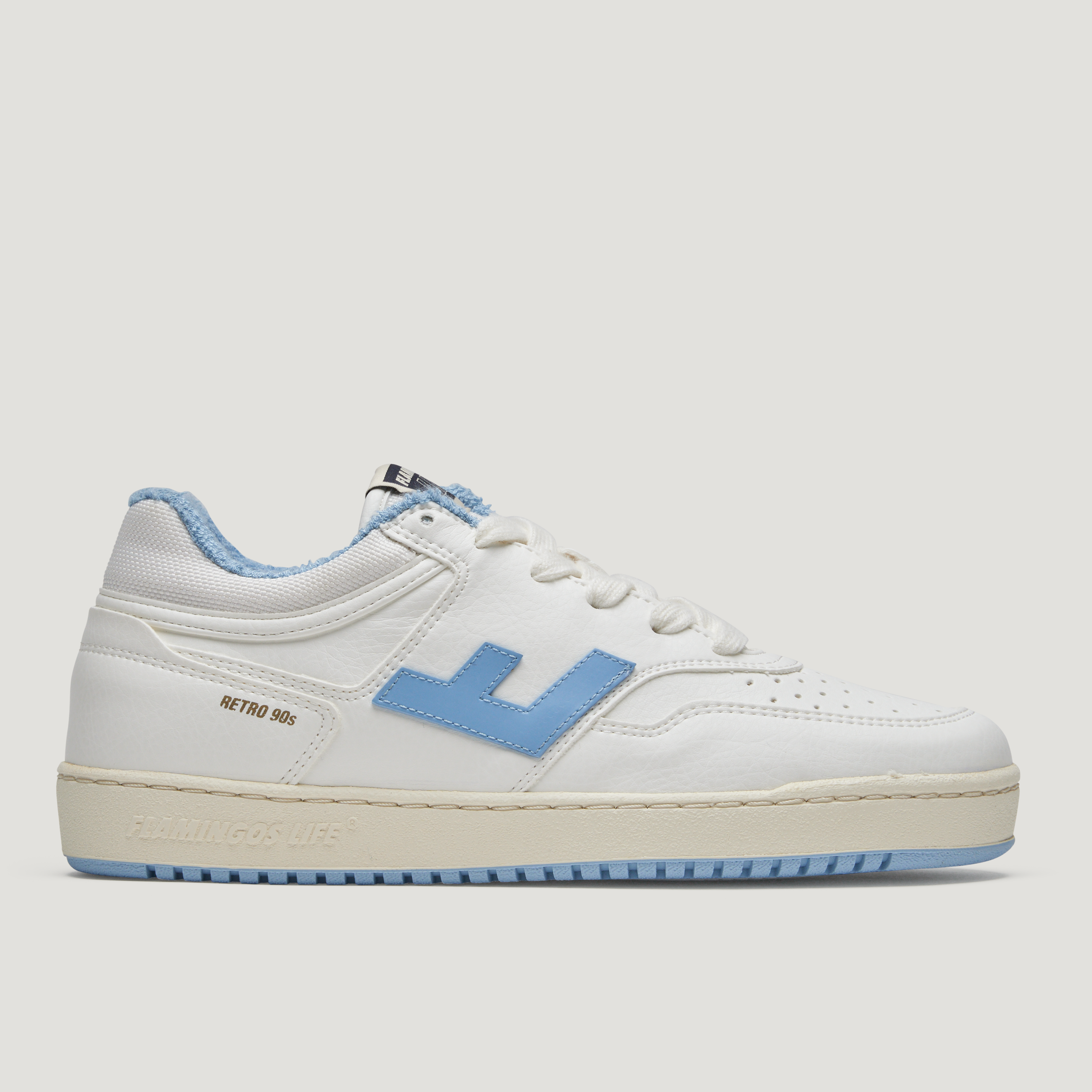 Weißer Sneaker mit hellblauen Akzenten und Retro-Design, seitlich ein blauer Buchstabe und der Text "Retro 90s".