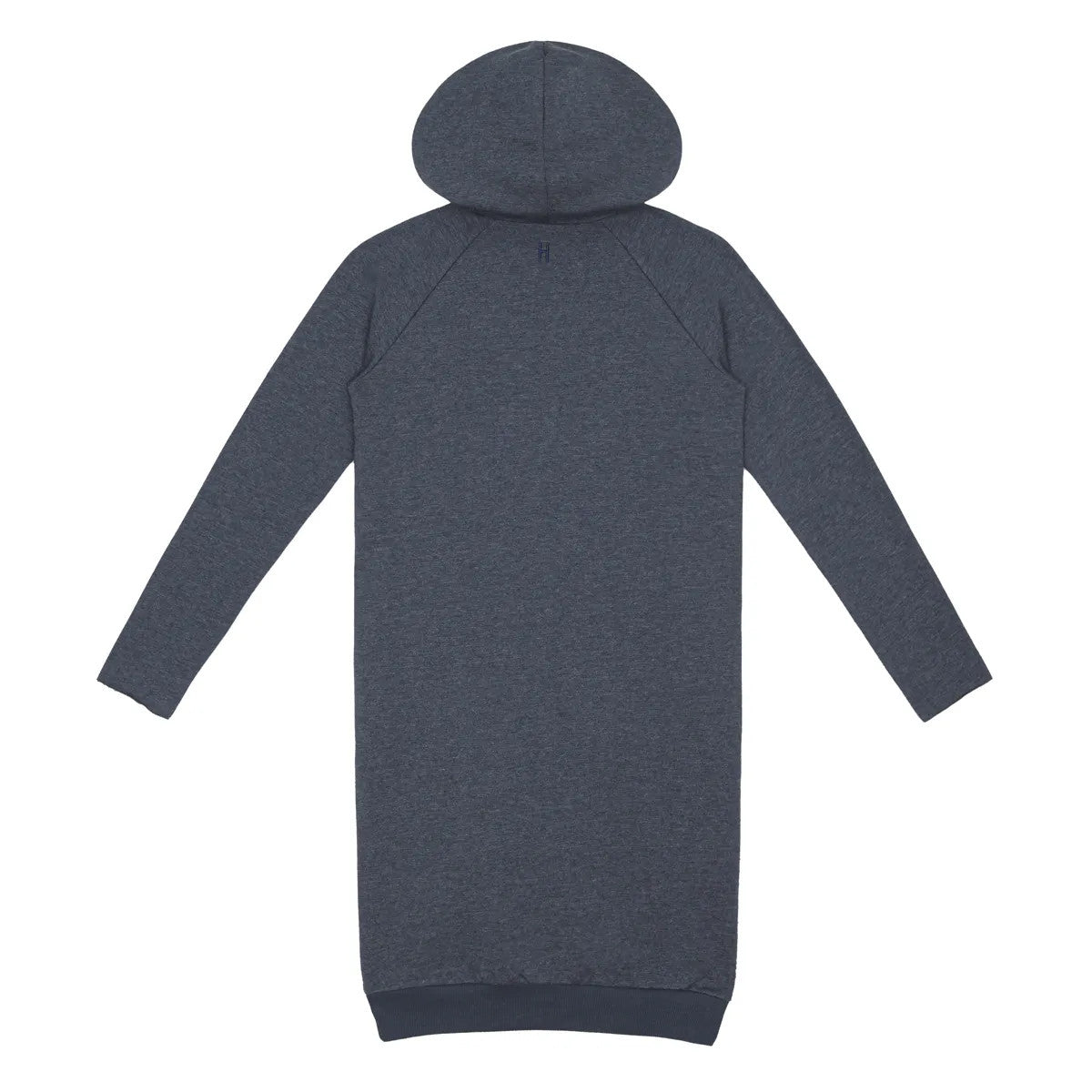 Ein langärmeliges Sweatshirt-Kleid mit Kapuze in Dunkelgrau, das mit dem Rücken nach oben flach liegt. Das Kleid hat einen geraden Schnitt und gerippte Bündchen und Saum.