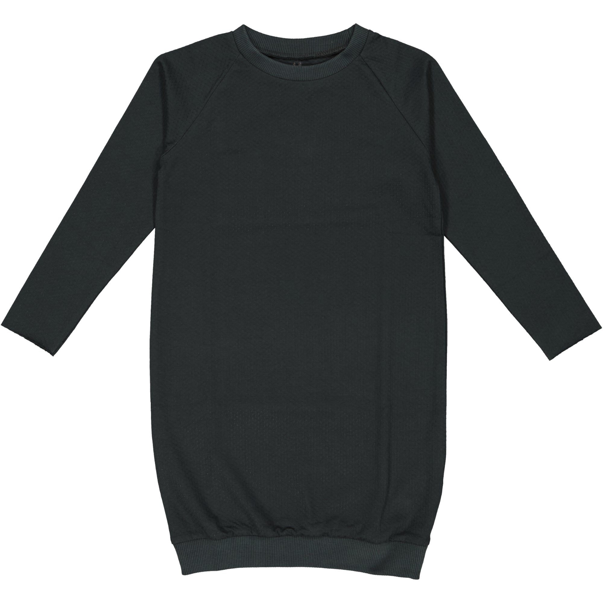 Ein einfarbiges, langärmeliges, dunkelgrünes oder schwarzes Kleid mit Rundhalsausschnitt und gerippten Bündchen und Saum, flach auf weißem Grund.
