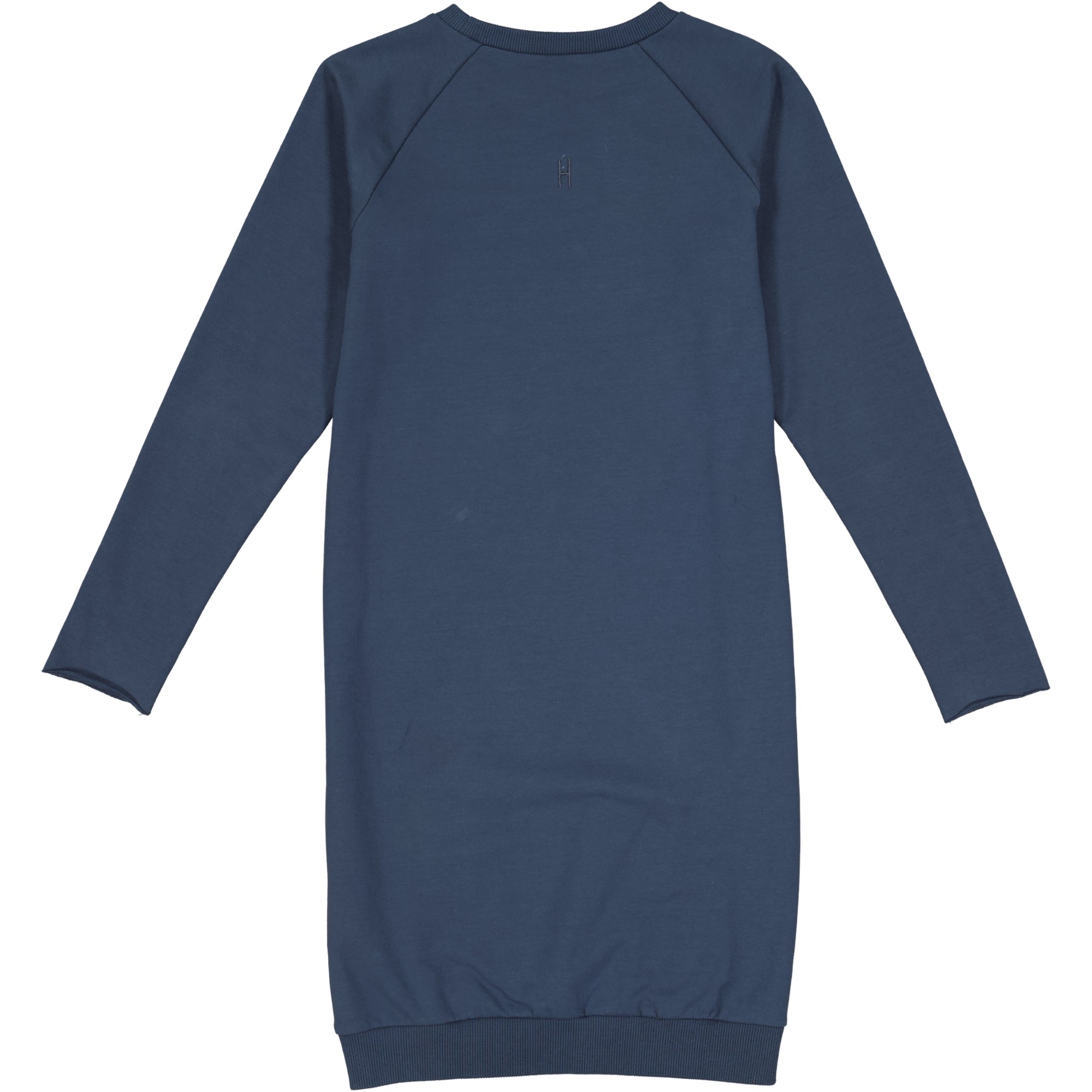 Langärmeliges, marineblaues Kleid mit Rundhalsausschnitt, von hinten gesehen. Das Kleid hat einen einfachen, geraden Schnitt mit gerippten Bündchen und Saum.