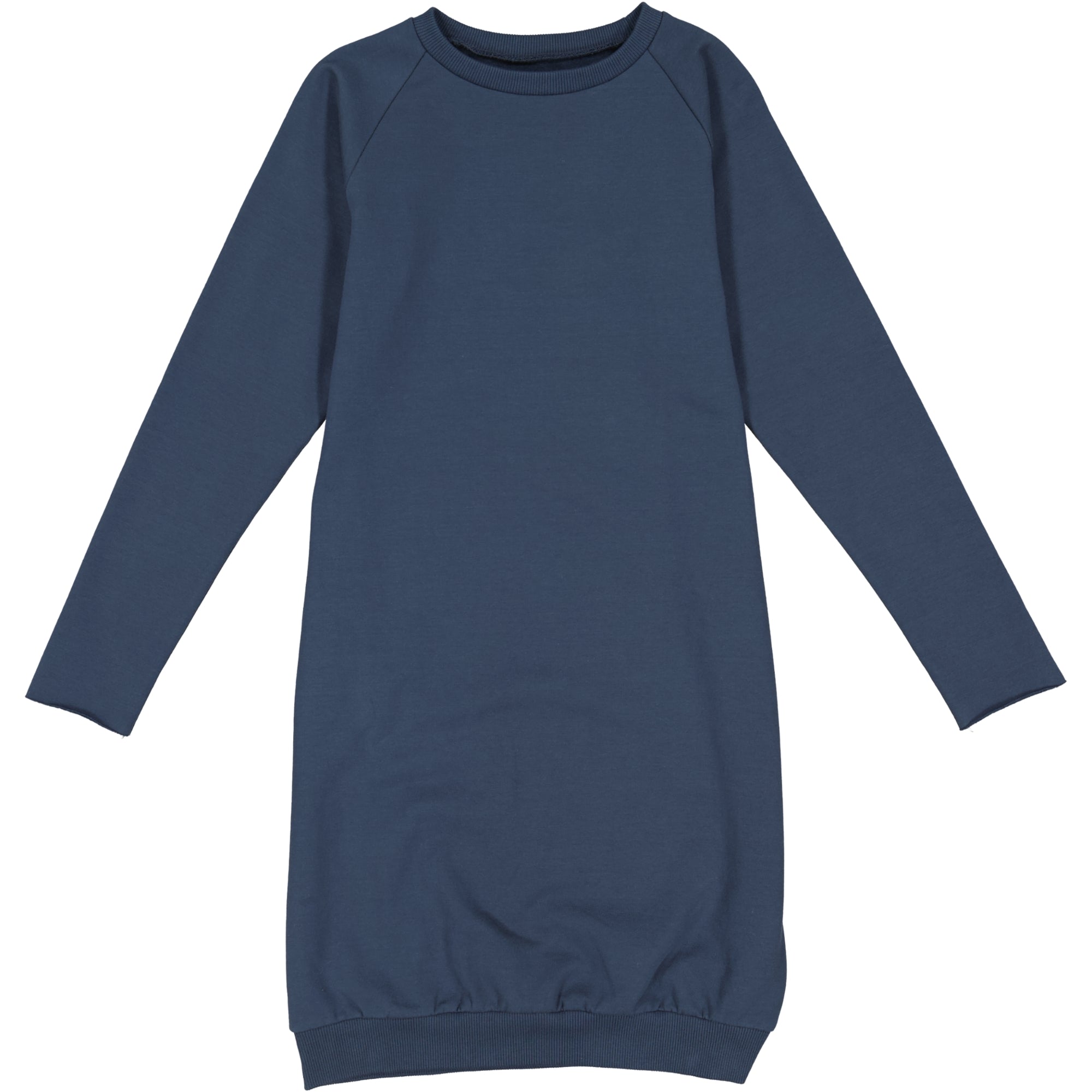 Langärmeliges, knielanges, einfarbig marineblaues Kleid mit Rundhalsausschnitt und elastischen Bündchen an Ärmeln und Saum.