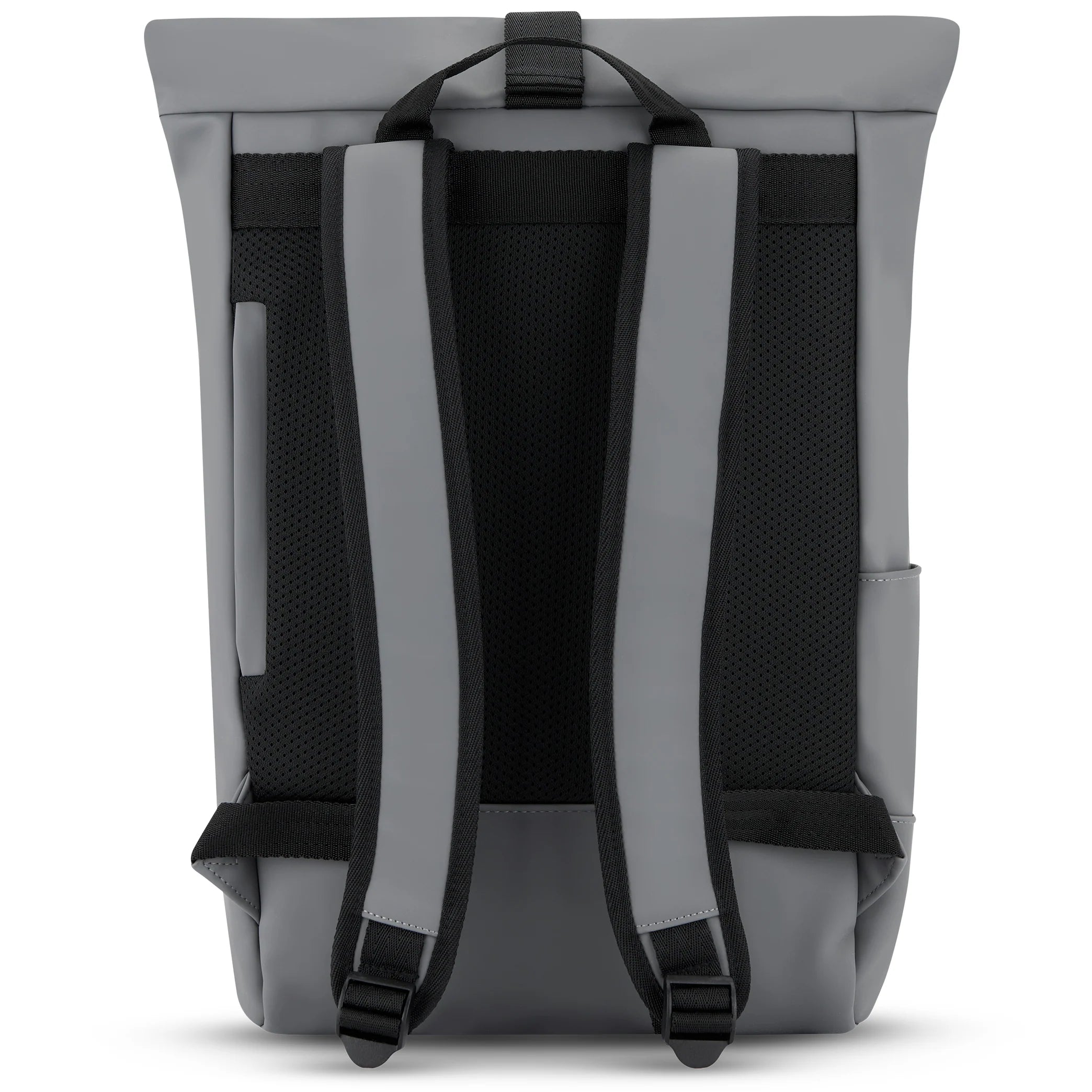 Ein grauer Rucksack in Rückenansicht mit verstellbaren, gepolsterten Schulterriemen, einem Tragegriff, Seitentaschen und einer schwarzen Netzrückwand zur Belüftung.