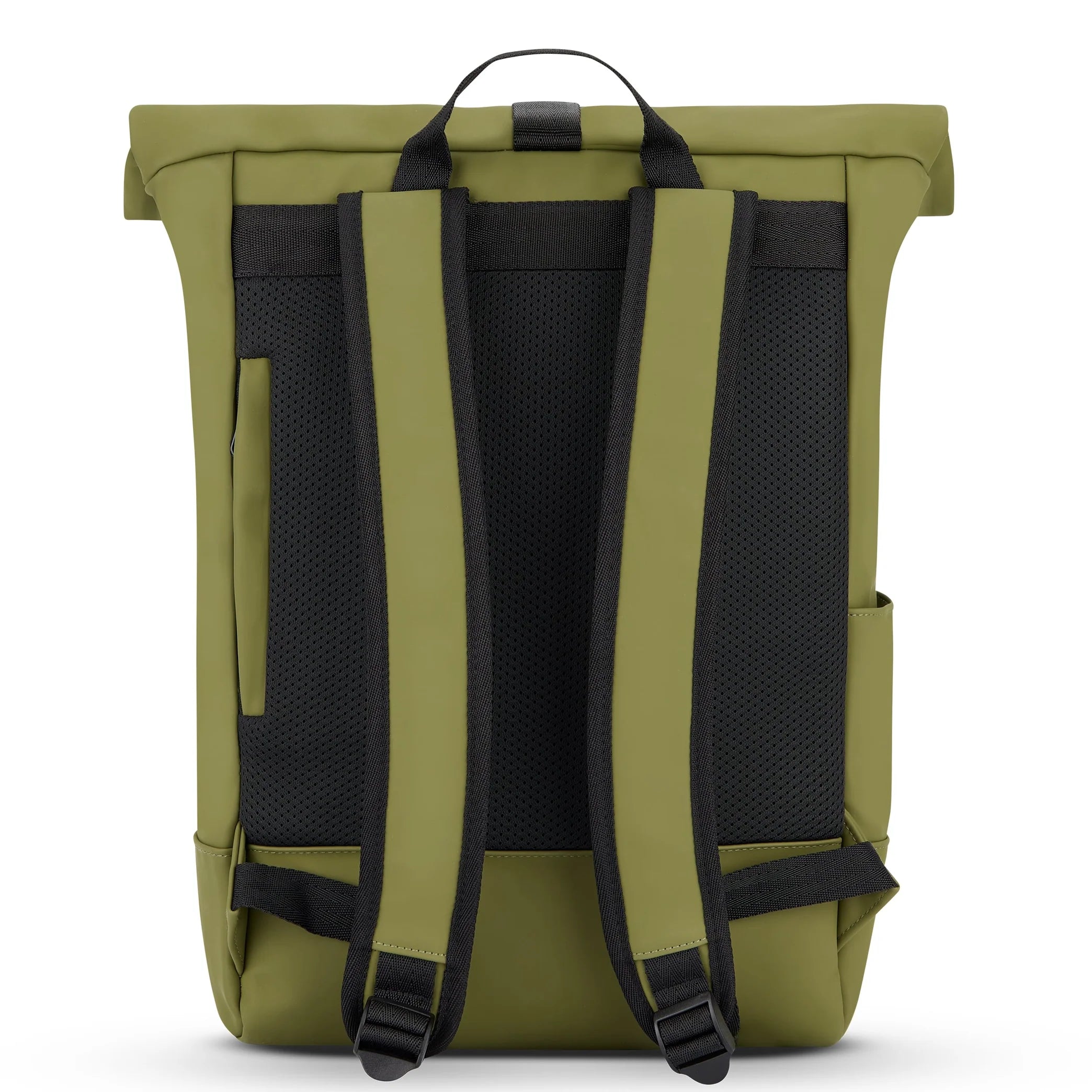 Olivgrüner, von hinten gezeigter Rolltop-Rucksack mit schwarzen, gepolsterten Schulterriemen, schwarzer Mesh-Polsterung, oberem Griff und Seitentaschen.