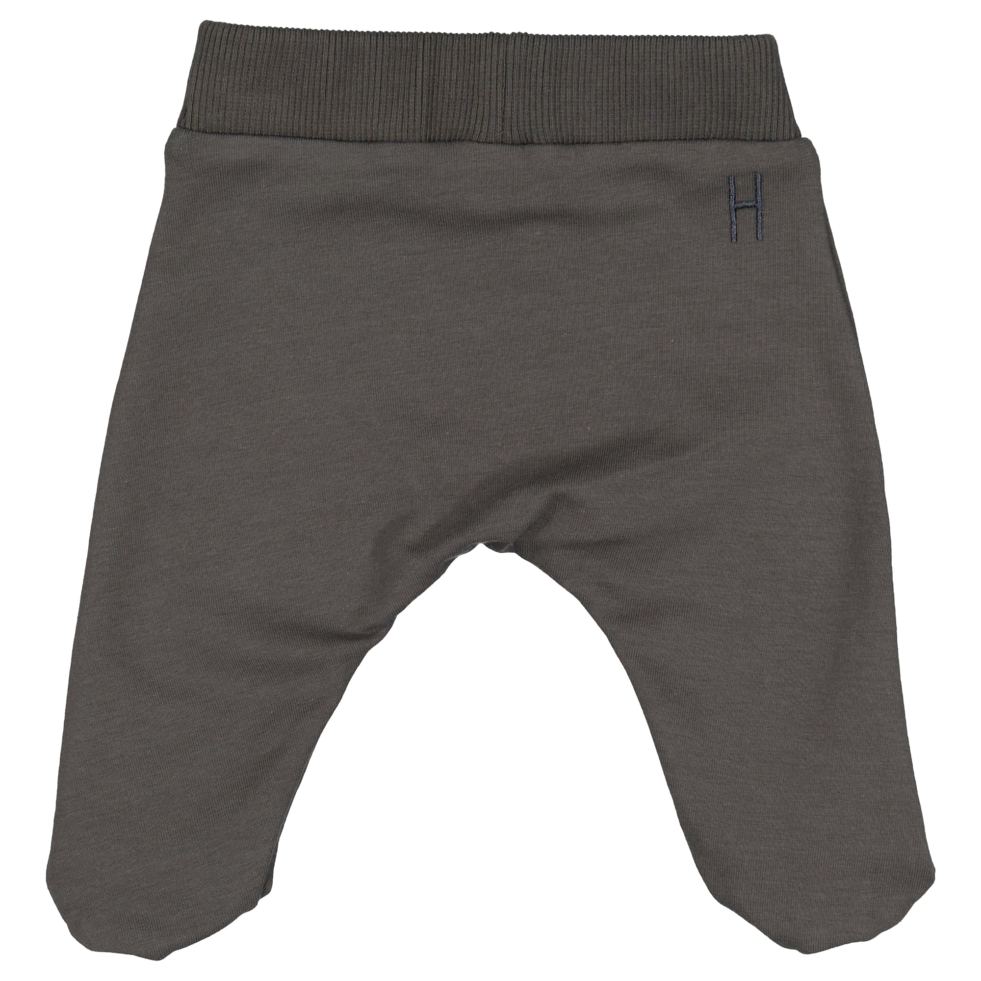 Ein Paar dunkelgraue Babyhosen mit angenähten Füßen und einem gerippten Bund, mit einem kleinen gestickten H in der Nähe der linken Hüfte.