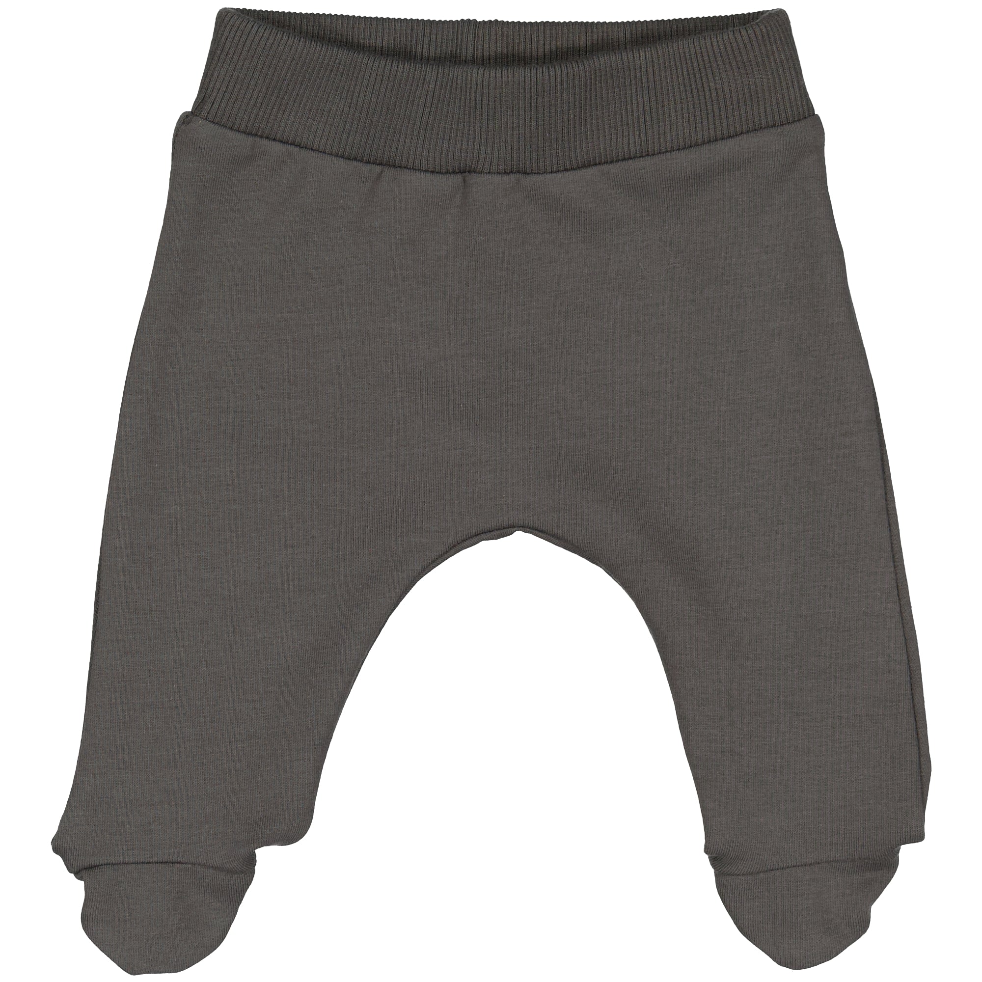 Dunkelgraue Babyhose mit elastischem Bund und bedeckten Füßen, flach auf weißem Hintergrund.