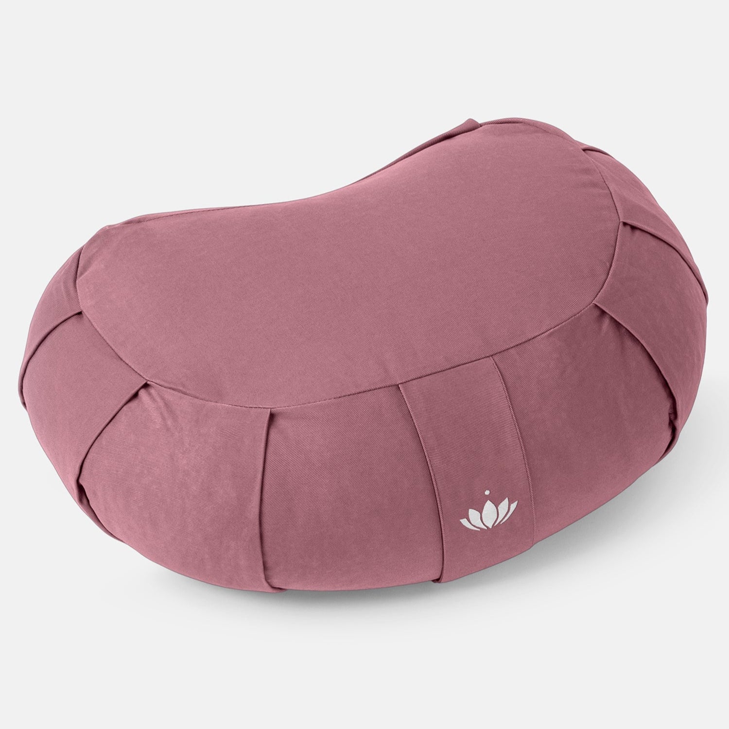Rosa Meditationskissen mit einem weißen Lotus-Logo, auf einem weißen Hintergrund.