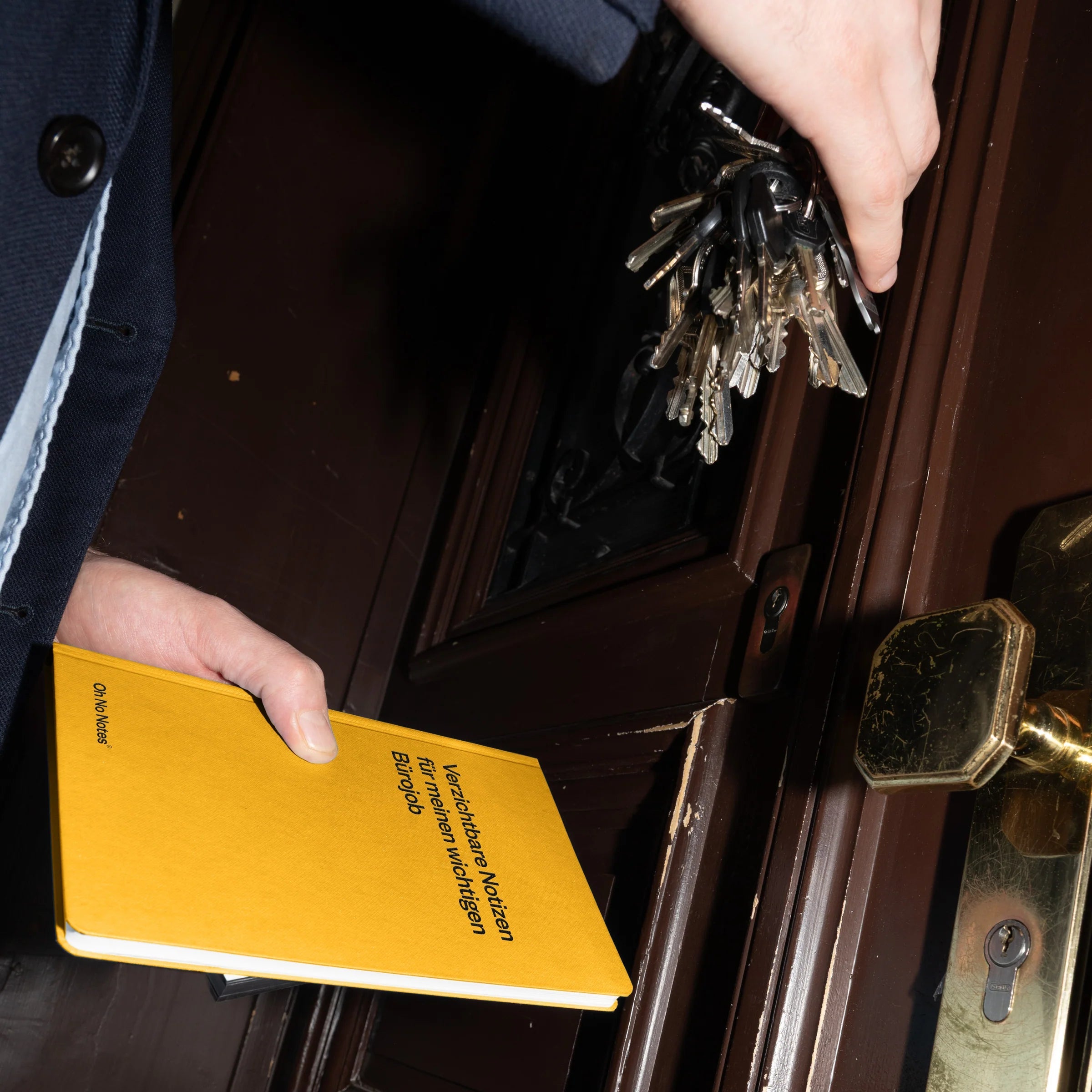 Eine Person hält ein gelbes Buch und einen großen Schlüsselbund in der Hand, während sie eine braune Tür mit einer Messingklinke aufschließt. Auf dem Buchdeckel steht schwarzer Text in deutscher Sprache.