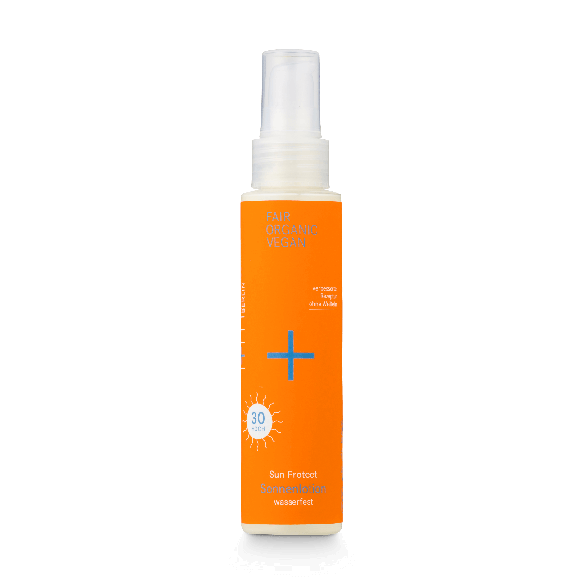 Orange Sonnenlotion-Flasche mit weißem Deckel, SPF 30, Aufschrift "Fair Organic Vegan", wasserfest.