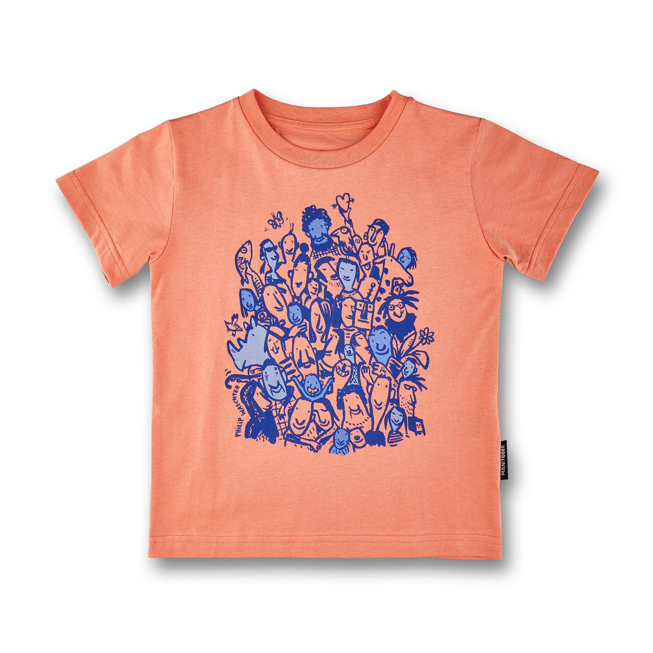 Orangefarbenes T-Shirt mit einem blauen, handgezeichneten Design aus verschiedenen Figuren und Gesichtern auf der Vorderseite.