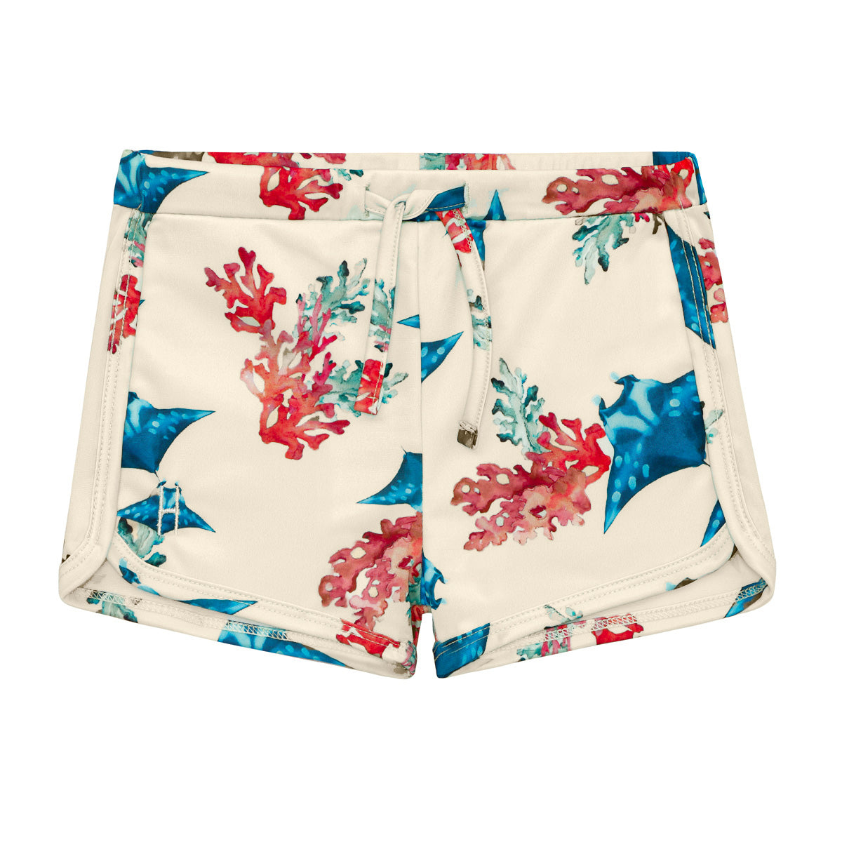 Beigefarbene Shorts mit Kordelzug in der Taille, verziert mit einem farbenfrohen Druck mit blauen Rochen und roten Korallenzweigen.