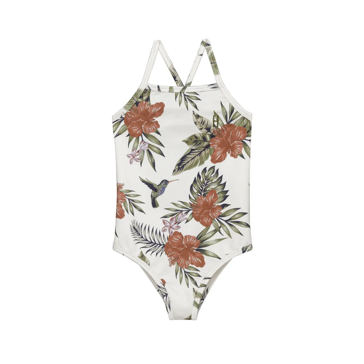 Weißer einteiliger Badeanzug mit überkreuzten Trägern und einem tropischen Druck aus roten Hibiskusblüten, grünen Blättern und einem Kolibri. Der Badeanzug ist auf einem schlichten weißen Hintergrund abgebildet.
