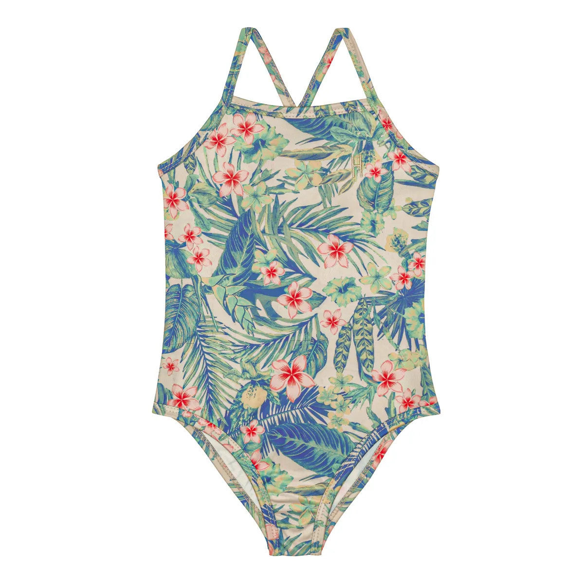 Einteiliger Badeanzug mit einem tropischen Blumenmuster aus grünen Blättern und roten, weißen und rosa Blumen. Der Badeanzug hat dünne Schulterträger, die sich im Rücken kreuzen.