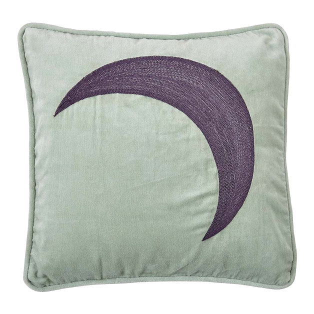 Ein quadratisches, hellgrünes Kissen mit einem dunkelvioletten Halbmondmuster in der Mitte.