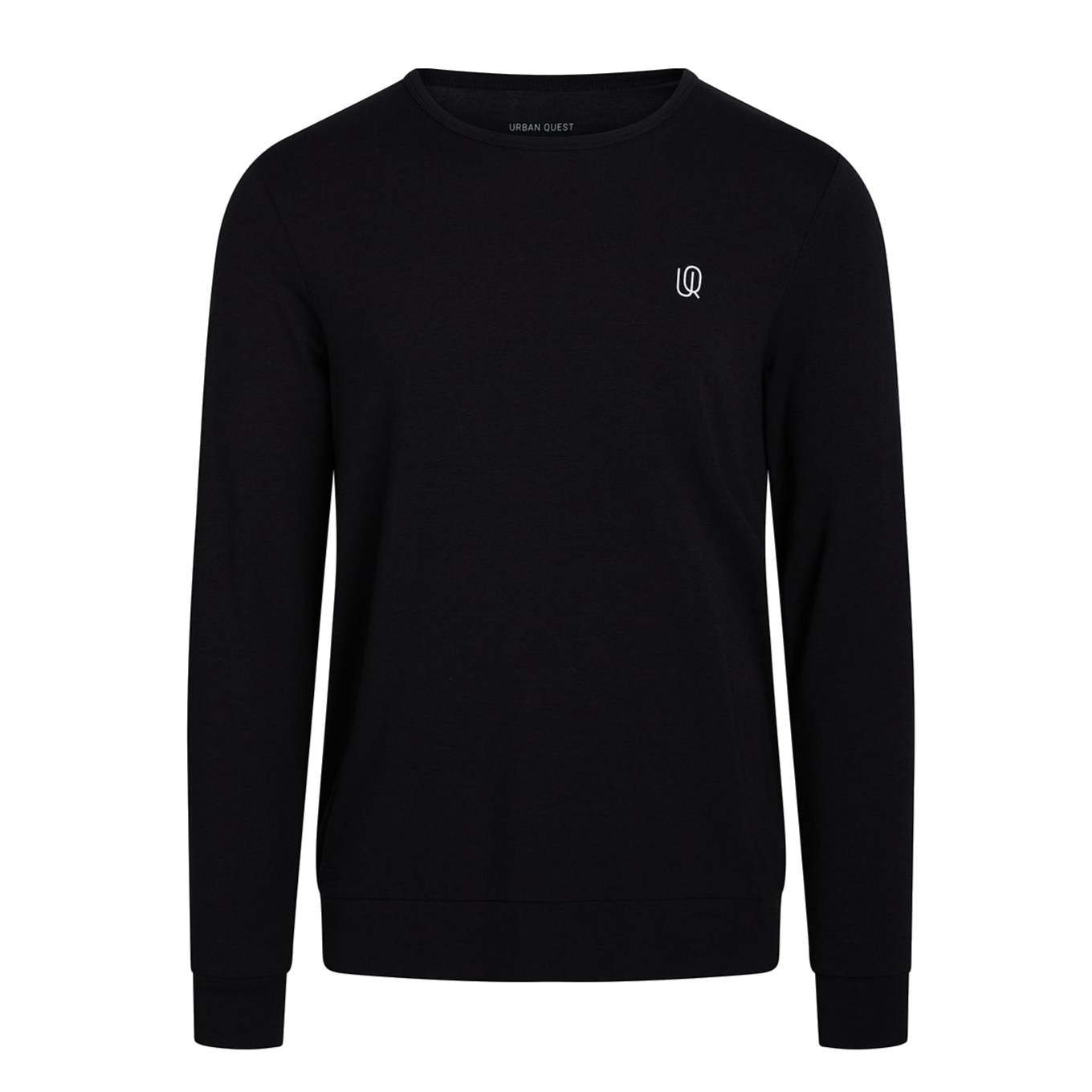 Schwarzer Langarm-Pullover mit kleinem, weißem Logo auf der Brust.