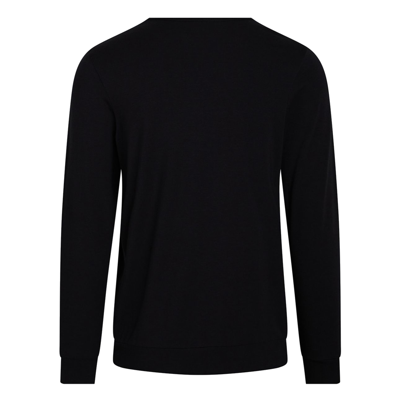 Rückansicht eines schwarzen Langarm-Sweatshirts vor weißem Hintergrund.