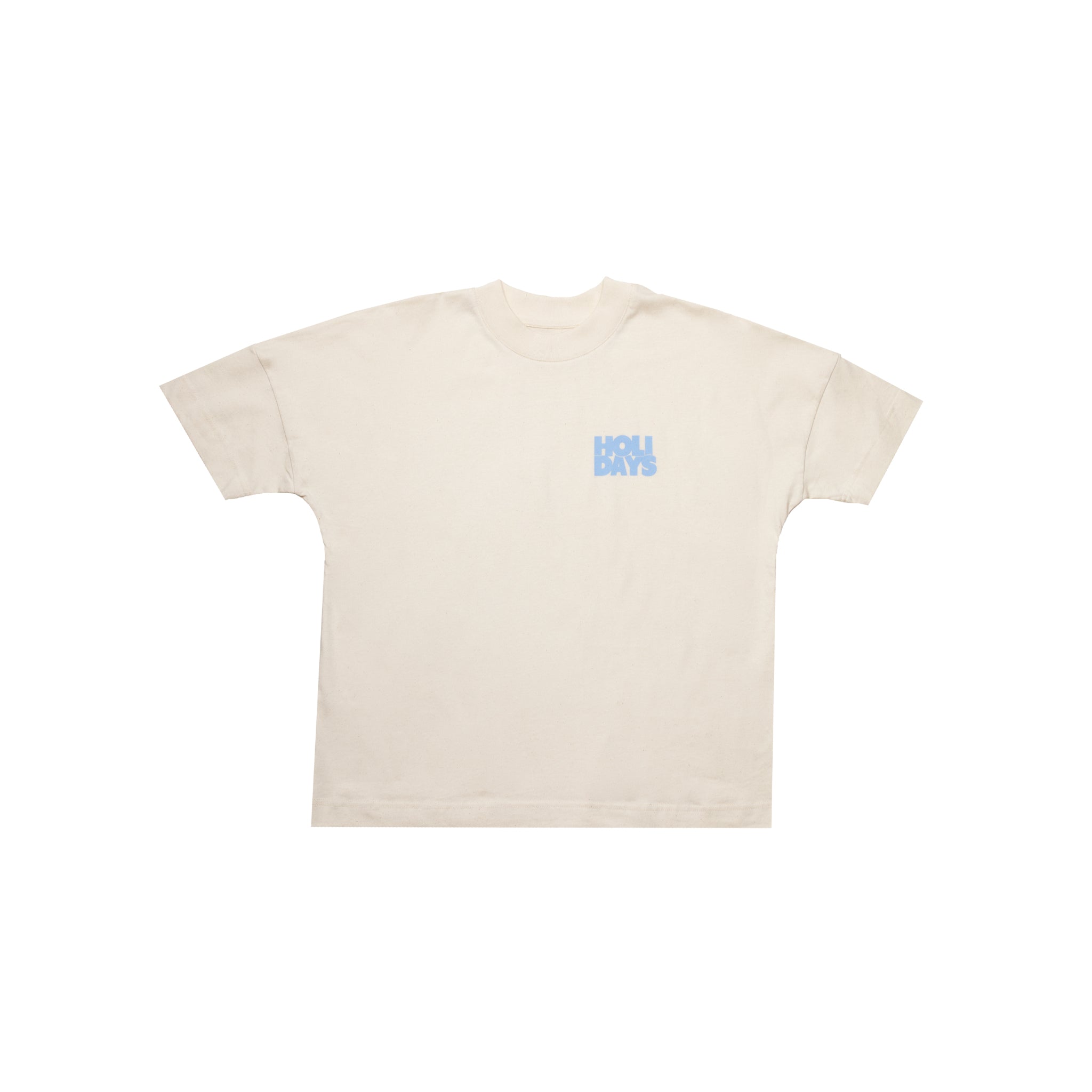 Beiges T-Shirt mit blauem "HOLIDAYS"-Aufdruck auf der Vorderseite.