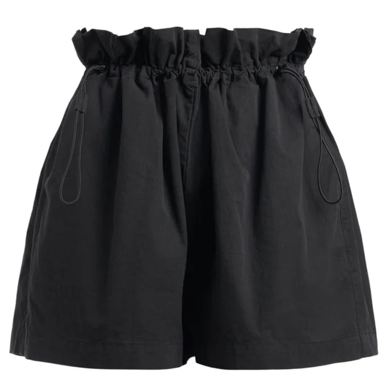 Schwarze Shorts mit hoher Taille und gerafftem, elastischem Bund und Kordelzug auf jeder Seite. Die Shorts haben eine lockere Passform und glatten Stoff.
