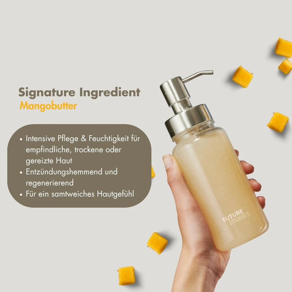 Eine Hand hält eine Spenderflasche mit der Aufschrift Future Stories vor einem beigen Hintergrund mit verstreuten Mangowürfeln. Der deutsche Text hebt die Vorteile von Mangobutter für empfindliche und trockene Haut hervor.