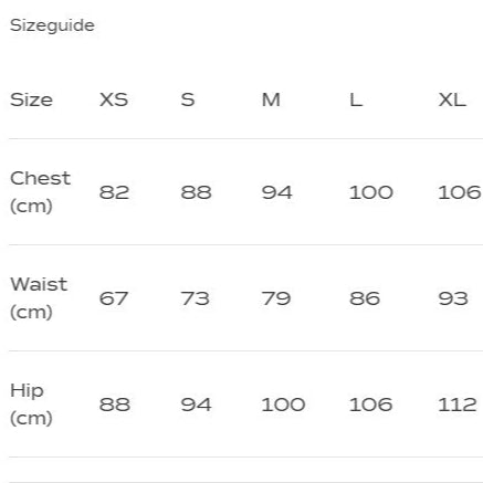 Größentabelle mit Maßen für Brustumfang, Taille und Hüfte in den Größen XS bis XL in Zentimetern.