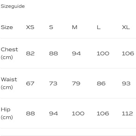 Größentabelle mit Maßen in cm für Brust, Taille und Hüfte in den Größen XS, S, M, L, XL.