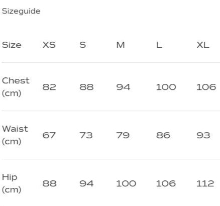Größentabelle mit Größen XS bis XL und Maßen für Brust, Taille und Hüfte in cm.