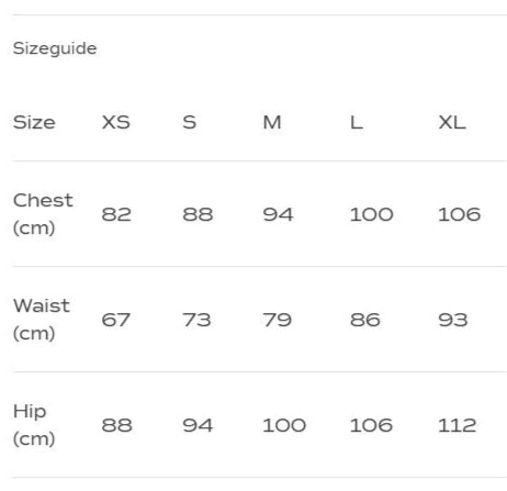 Größentabelle für XS bis XL mit Maßen in cm für Brust, Taille und Hüfte: 82-106, 67-93, 88-112.