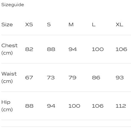 Größentabelle mit Maßen für Brust, Taille und Hüfte in cm für Größen XS bis XL.