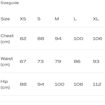 Größentabelle zeigt Maße in cm für Größe XS bis XL: Brust 82-106, Taille 67-93, Hüfte 88-112.