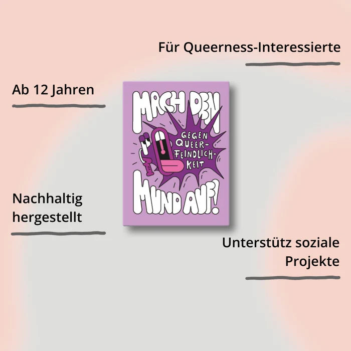 Buntes Plakat mit der Aufschrift "Mach den Mund auf! Gegen Queerfeindlichkeit" und verschiedenen Informationen darum.