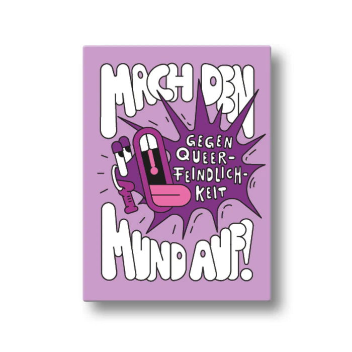 Illustration mit dem Text "Mach den Mund auf! Gegen Queerfeindlichkeit" auf lilafarbenem Hintergrund.