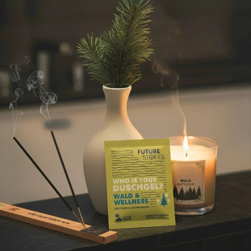 Eine weiße Vase mit Tannenzweigen, eine brennende Kerze, Räucherstäbchen mit Rauch und ein grünes Päckchen mit der Aufschrift WHO IS YOUR DUSCHGEL? WALD & WELLNESS sind auf einer dunklen Fläche in einer gemütlichen Umgebung angeordnet.