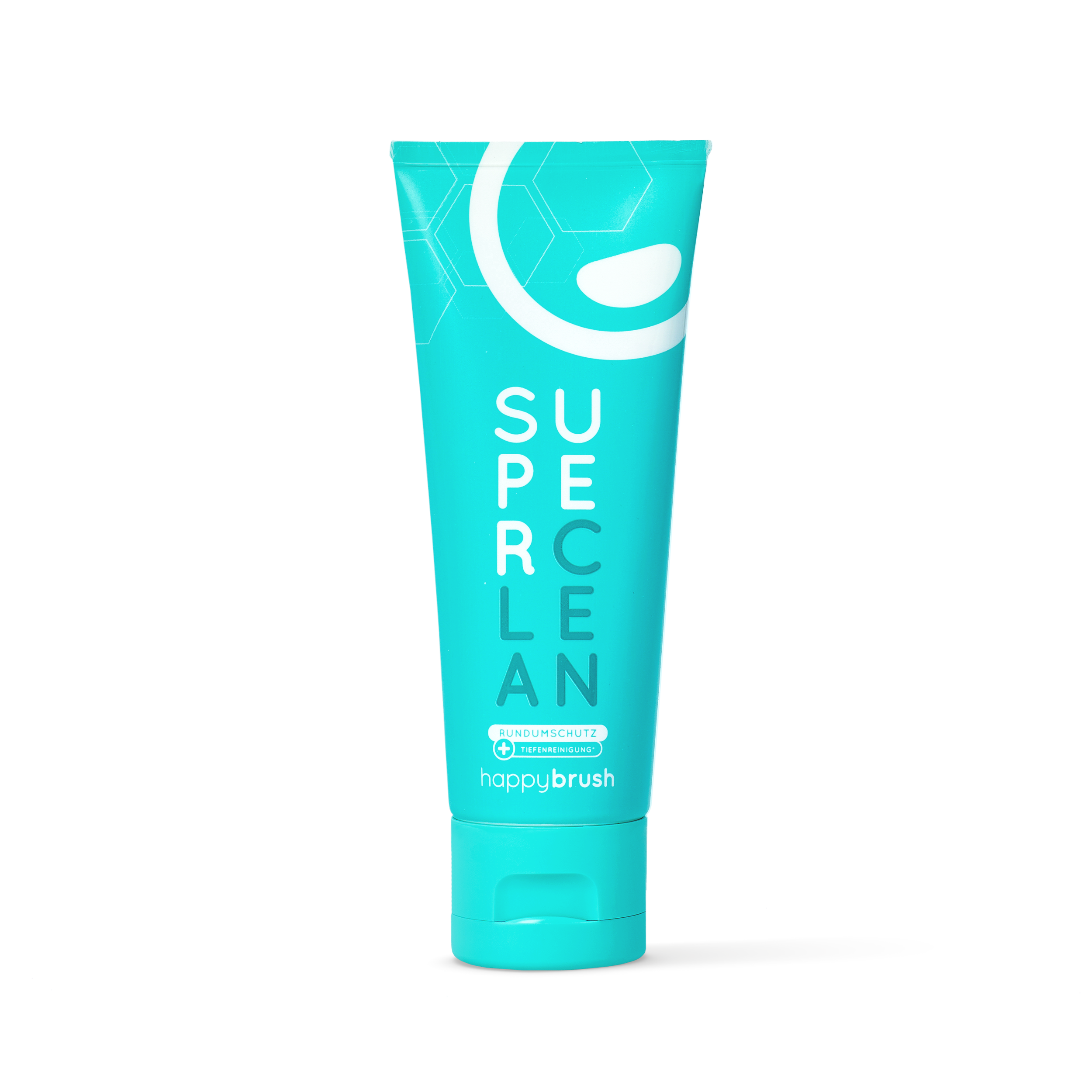 Türkise Zahnpastatube "Super Clean" von Happybrush, mit weißem Logo und Text auf der Vorderseite.