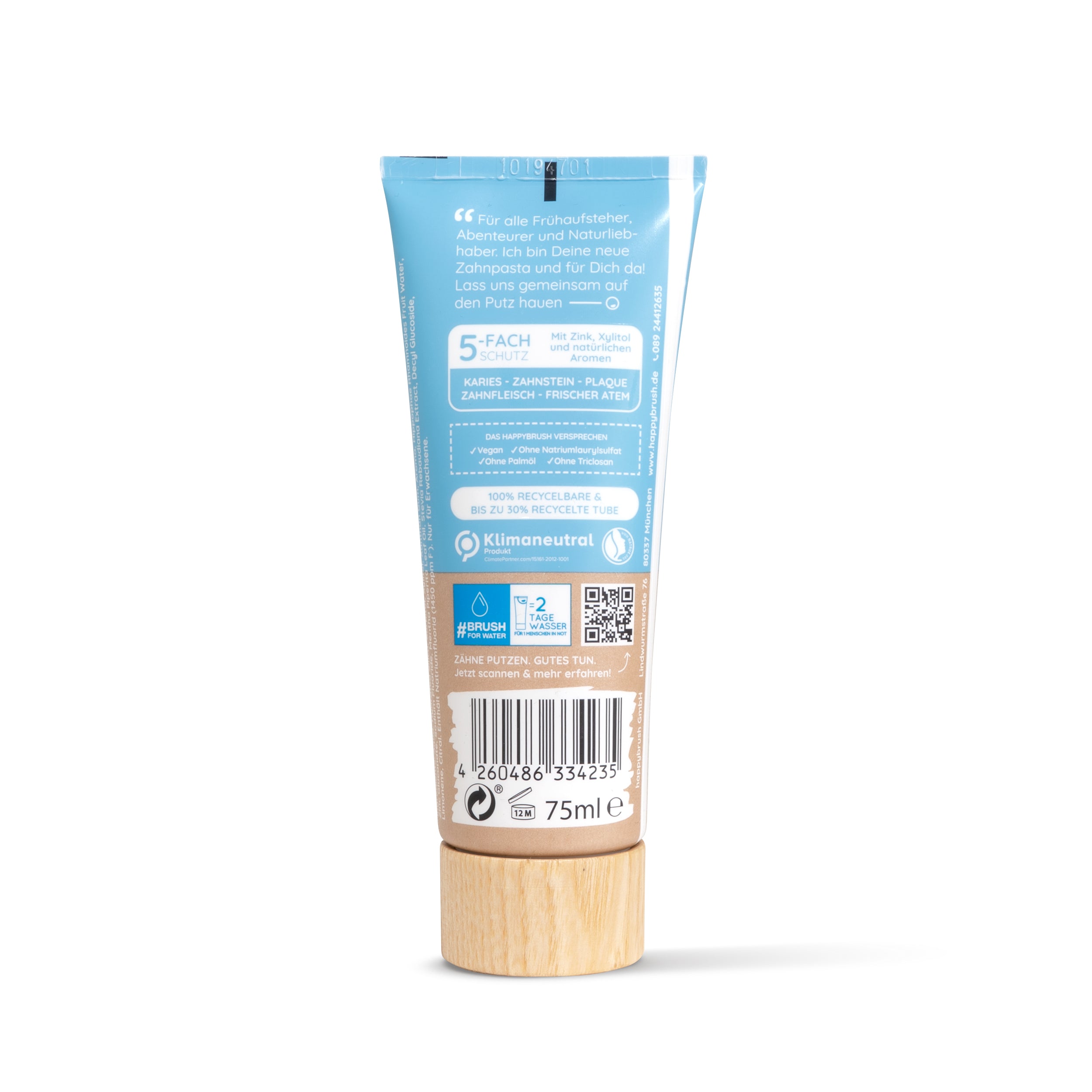 Rückseite einer Zahnpastatube mit blauer und beiger Beschriftung und einem Holzdeckel, 75 ml.