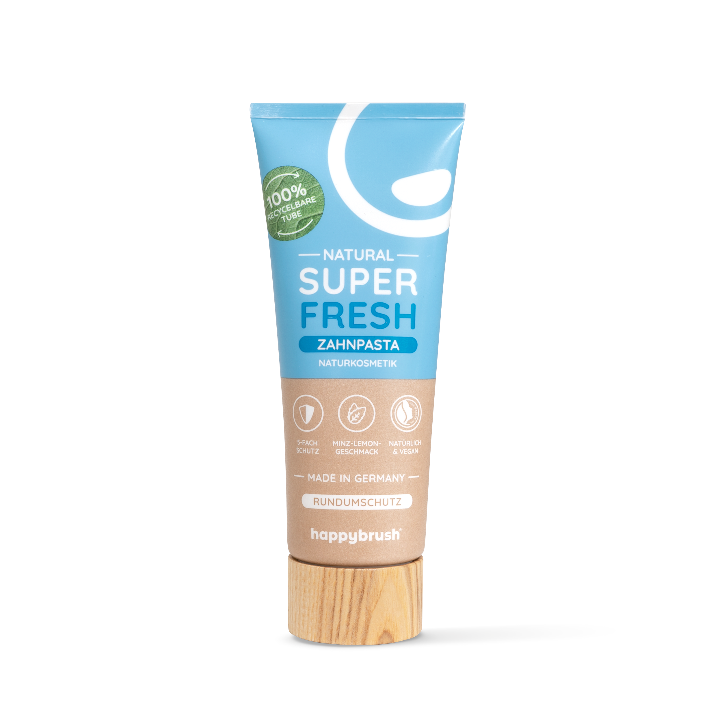 Zahnpastatube mit blauem und beigem Design, gekennzeichnet als "Natural Super Fresh" und "Made in Germany".
