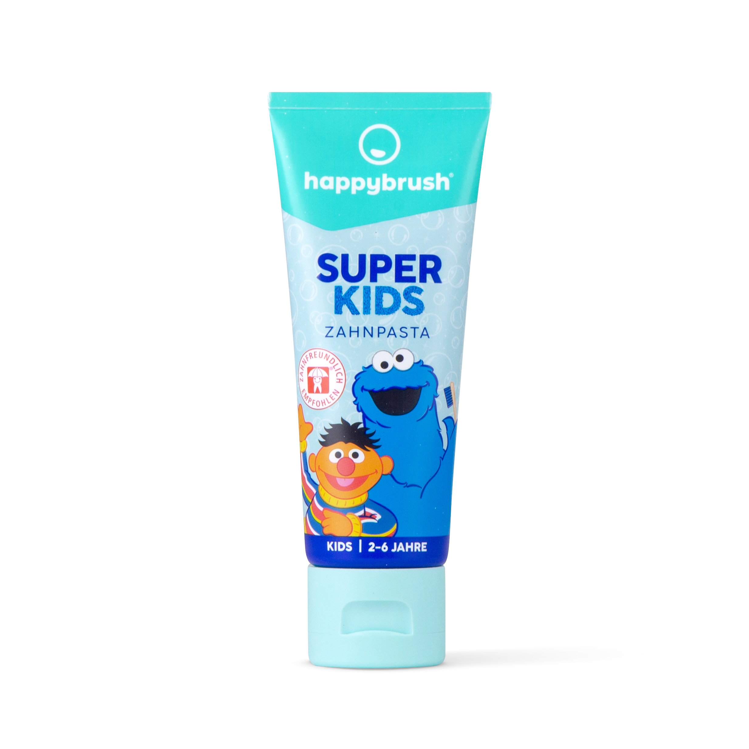 Tube der "Super Kids" Zahnpasta von Happybrush für Kinder, mit Sesamstraßenfiguren; empfohlene Altersgruppe 2-6 Jahre.