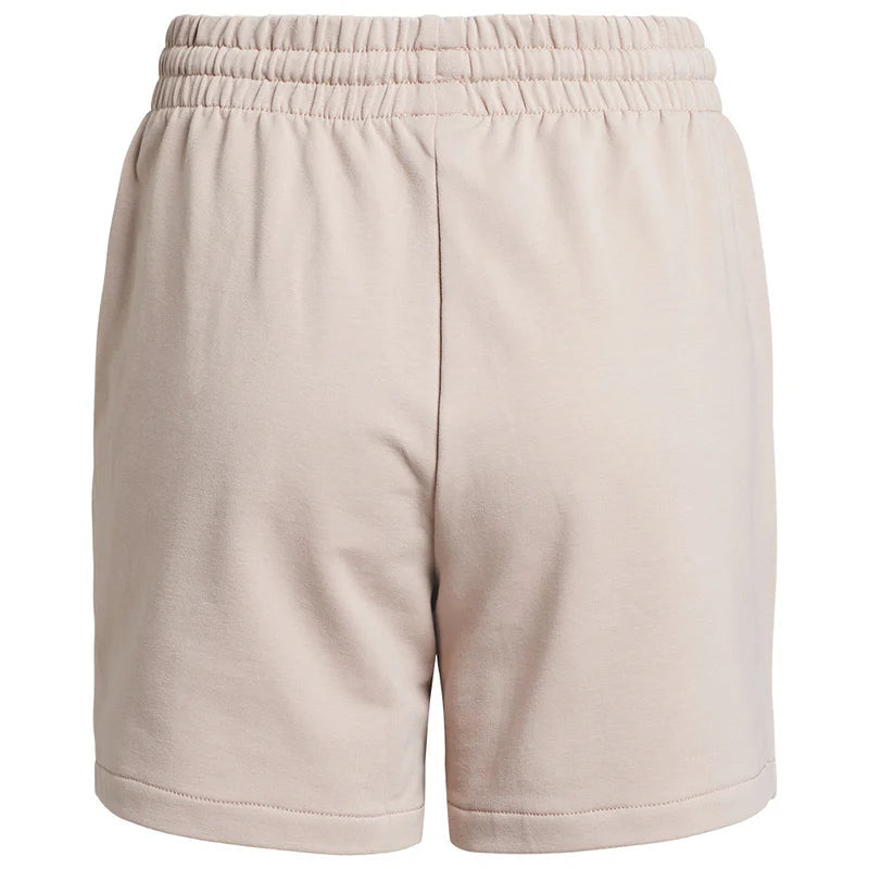 Beigefarbene Shorts mit elastischer Taille aus weichem Stoff, von vorne vor weißem Hintergrund. Die Shorts haben eine lockere Passform und keine sichtbaren Logos oder Muster.