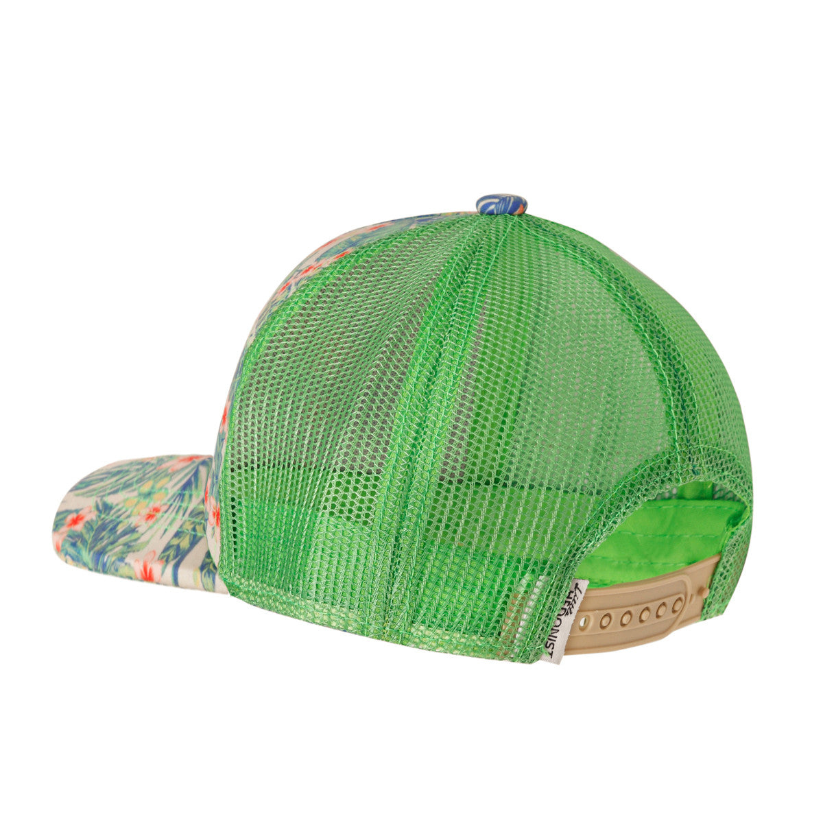 Grüne Mesh-Baseballkappe mit floralem Muster auf der Vorderseite und auf der Krempe. Auf der Rückseite befindet sich ein verstellbarer beiger Schnappverschluss und ein kleines weißes Stoffschild.