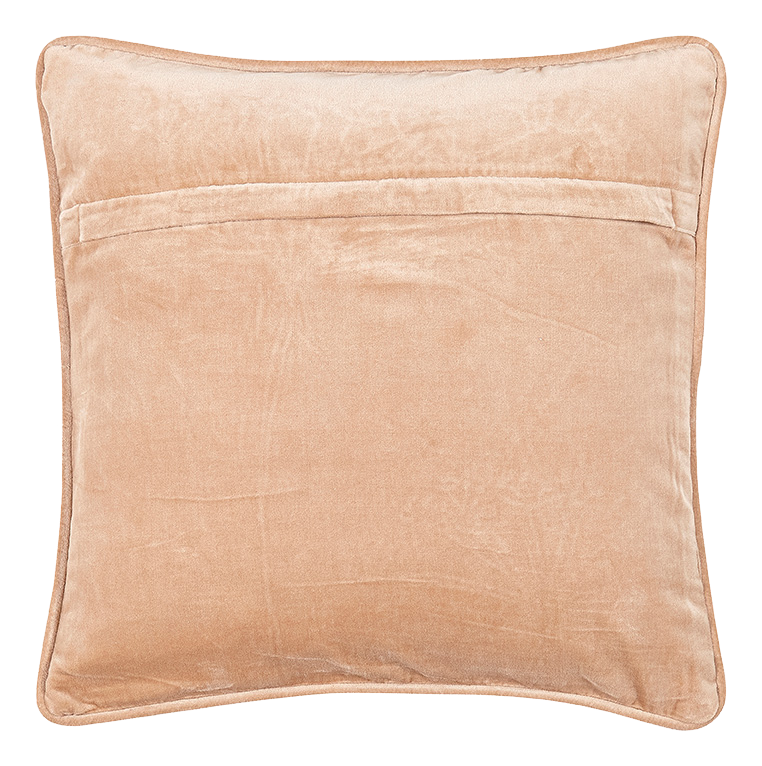 Kissenbezug aus beige-schimmerndem Stoff, quadratisch mit sichtbarem Umschlag auf der Rückseite.