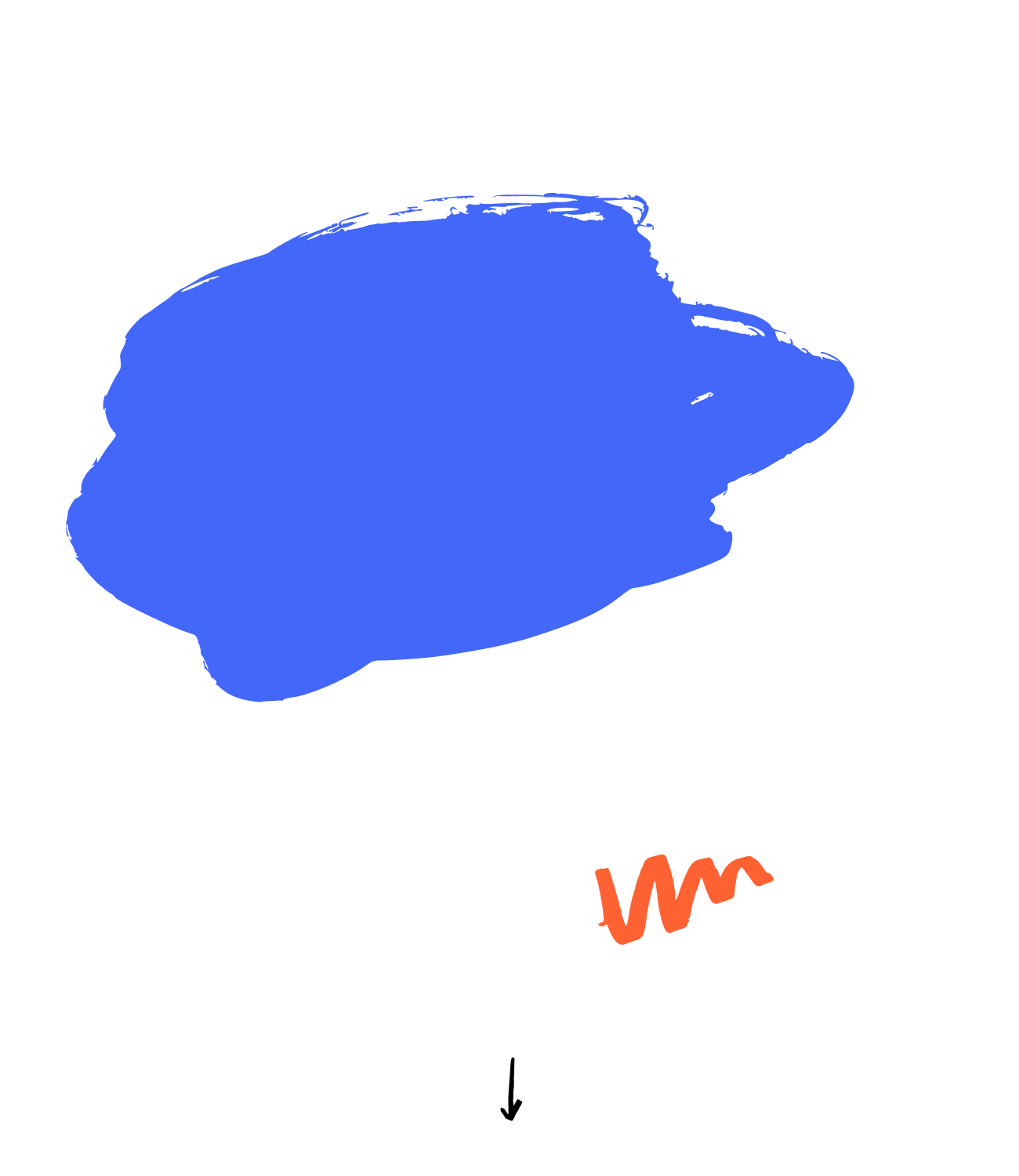 Blauer Klecks auf schwarzem Hintergrund mit einer kleinen orangen Wellenlinie darunter.