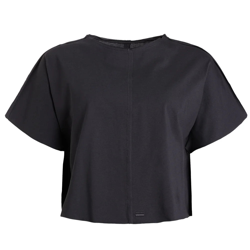 Schwarzes, kurzärmeliges T-Shirt mit Rundhalsausschnitt.