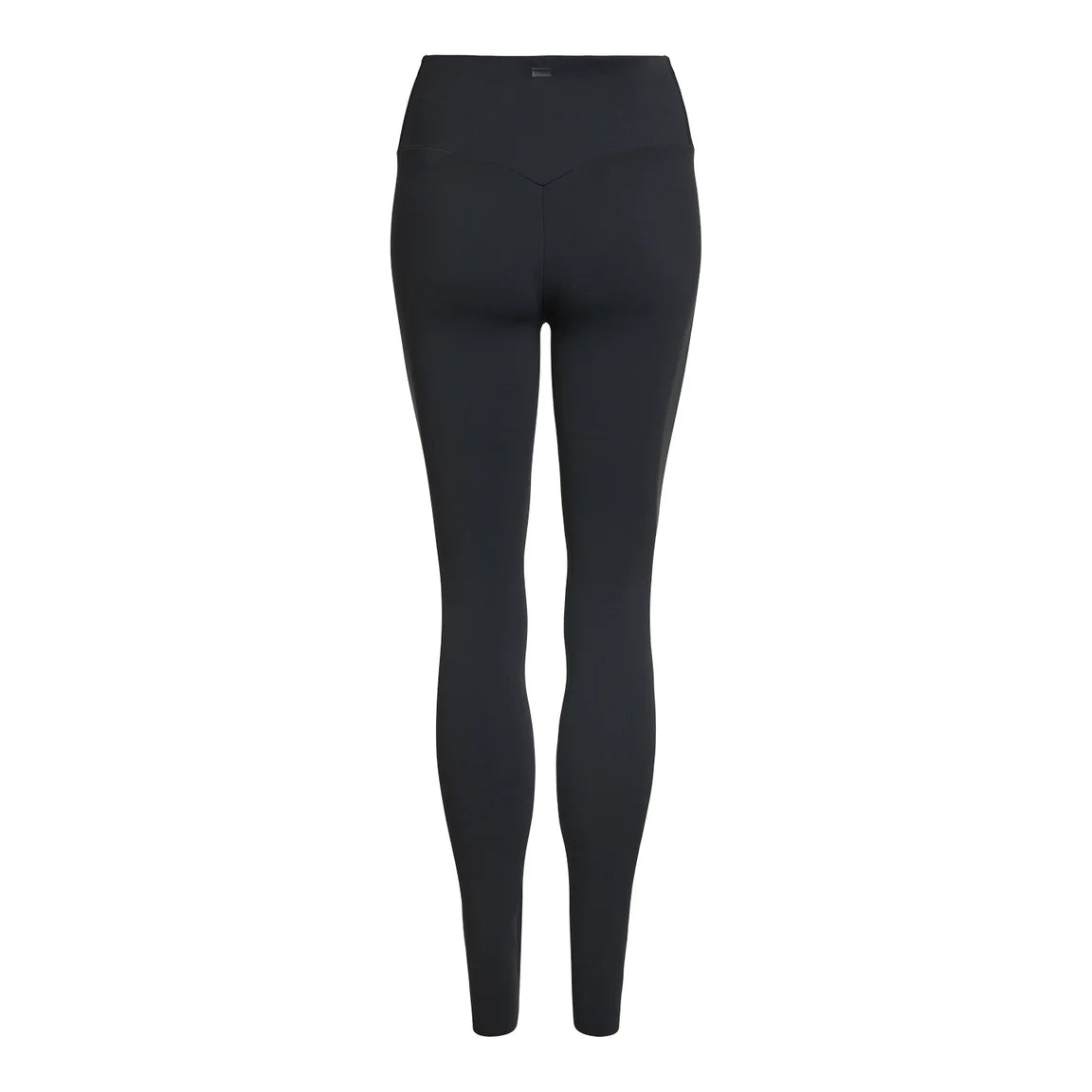 Schwarze Leggings mit hoher Taille, von hinten gesehen, mit nahtlosem Design und taillierter Silhouette, auf weißem Hintergrund.