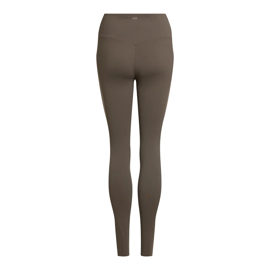 Rückansicht einer braunen Leggings mit hoher Taille und voller Länge, mit glattem, nahtlosem Design und ohne sichtbares Branding, auf weißem Hintergrund.