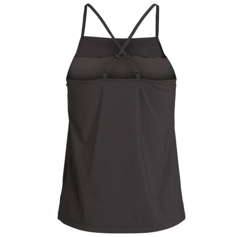 Ein schwarzes, ärmelloses Tank-Top mit dünnen, überkreuzten Trägern auf dem Rücken, das auf einem einfarbig weißen Hintergrund abgebildet ist.