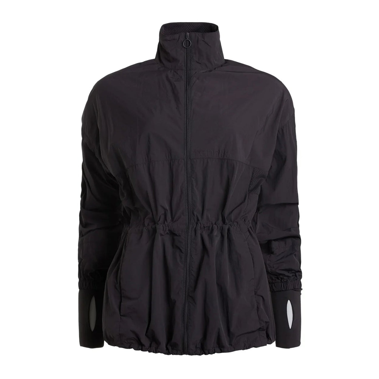 Schwarze Windjacke mit Reißverschluss, Kordelzug an der Taille und reflektierenden Details an den Ärmelbündchen.