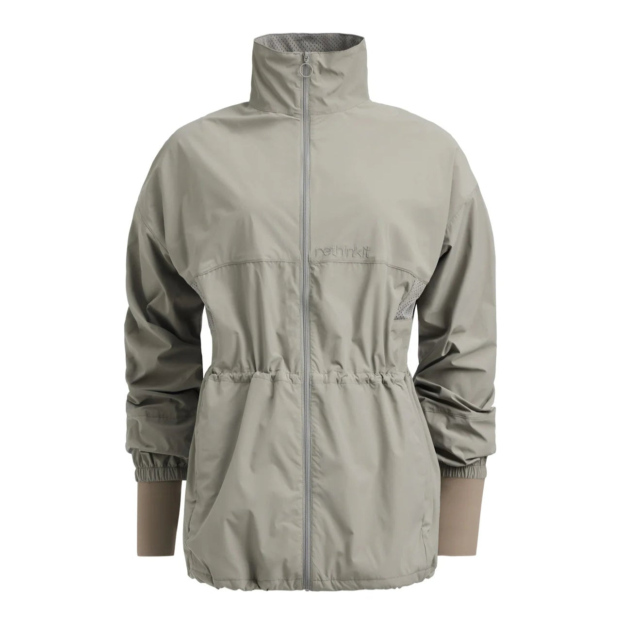Graue, langärmlige Jacke mit hohem Kragen und Reißverschluss, elastischem Bund und Manschetten.